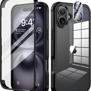 Case with Built-in Tempered Glass Screen Protector and Camera Screen Protector [9H HD], 360 Degree Mobile Phone Case Full Body Shockproof - Black